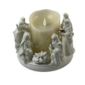 Vintage nativity scene ceramic ivory & gold candle holder